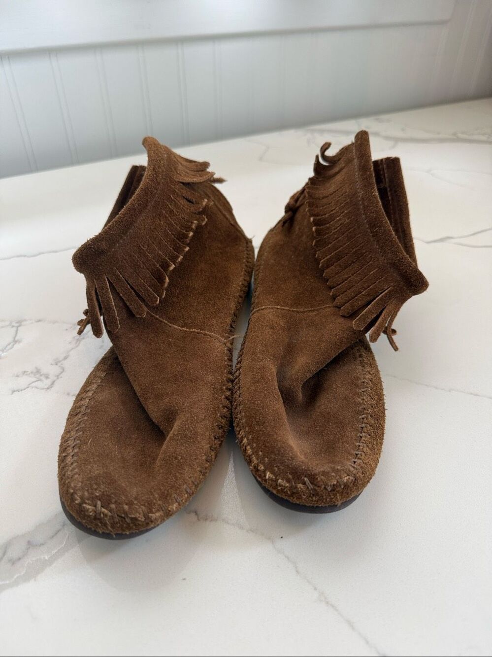 90s Vintage Minnetonka Brown Suede Zip Back Moccasins Womens 8 soft sole